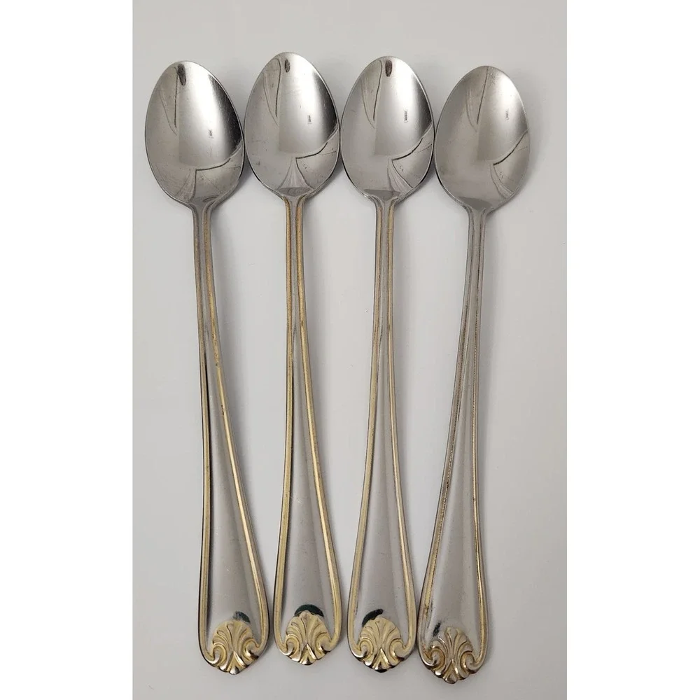 Cambridge Stainless Tea Spoons Gold Trim Shell‎ Tip (Set of 4) Flatware